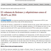 El volumen de fusiones y adquisiciones crece el 10,16% en 2016